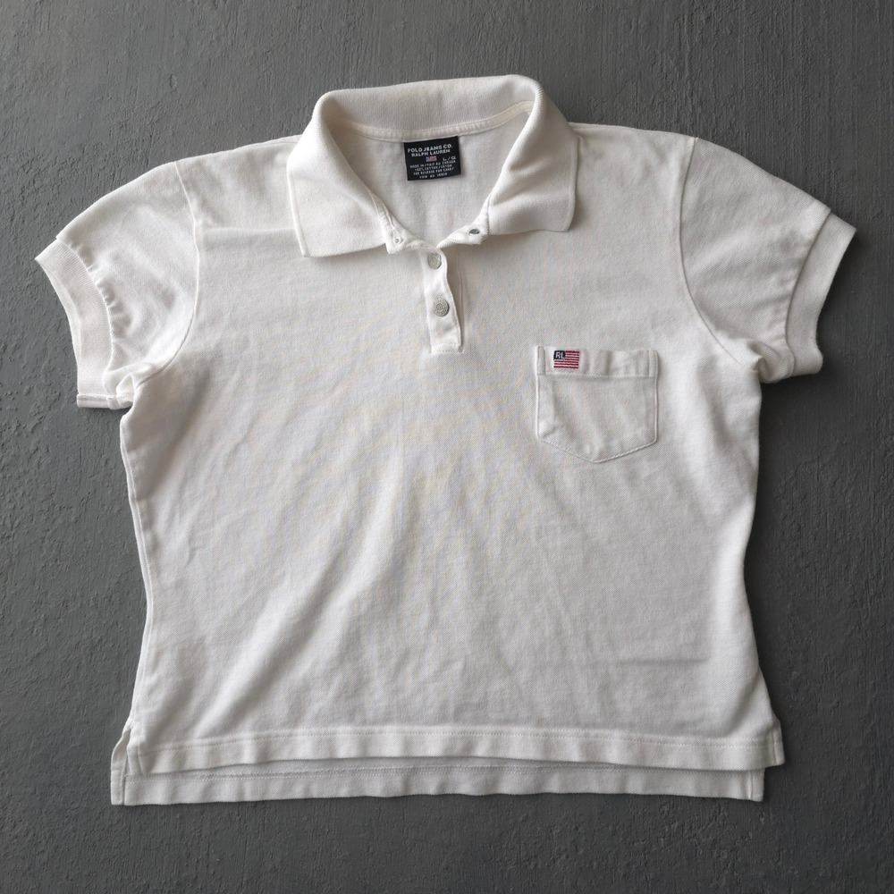 Vintage 90s Polo Jeans Co. Ralph Lauren White Polo Shirt L American Flag Pocket